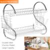 2-Tier Dish Rack Chrome-plated Steel Kitchen Drying Rack w/ Cup Drainer Cutlery Holder Removable Plastic Drainboard