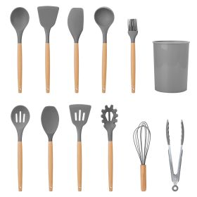 11Pcs Silicone Cooking Utensil Set Heat Resist Wooden Handle Silicone Spatula Turner Ladle Spaghetti Server Tongs Spoon Egg Whish Kitchenware Set w/ H (Option: Grey)