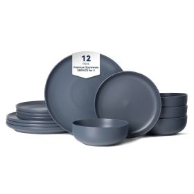 12-Piece Stoneware Dinner Plates Bowls Sets | Microwave & Dishwasher Safe | Non-Toxic Dinner Plates Bowls Set | Stackable Matte Glaze Kitchenware (Main Material: Stone, Main Color: Blue)