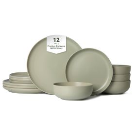 12-Piece Stoneware Dinner Plates Bowls Sets | Microwave & Dishwasher Safe | Non-Toxic Dinner Plates Bowls Set | Stackable Matte Glaze Kitchenware (Main Material: Stone, Main Color: Green)